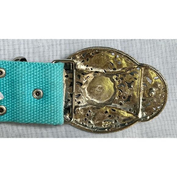 Beautiful Enamel and crystal Belt Buckle on a Wide Turquoise Belt - size 11 39" - Picture 5 of 6